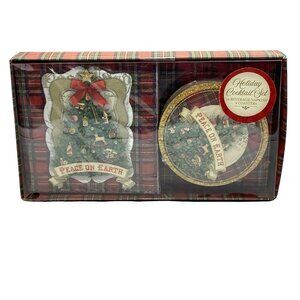 Punch Studio Holiday Christmas Tree Peace on Earth Cocktail Set Coasters Napkins